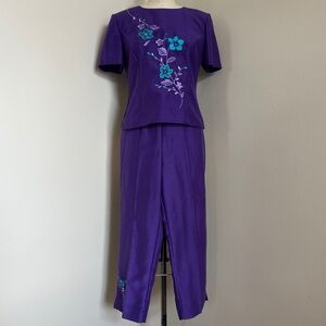 VTG 90s 2-Piece Set SS Top Pants Purple Sag Harbor Embroidered Dupioni Sz M
